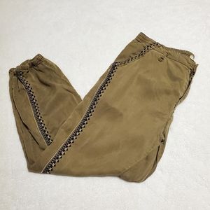 Anthropologie Olive Khaki Embroidered Joggers